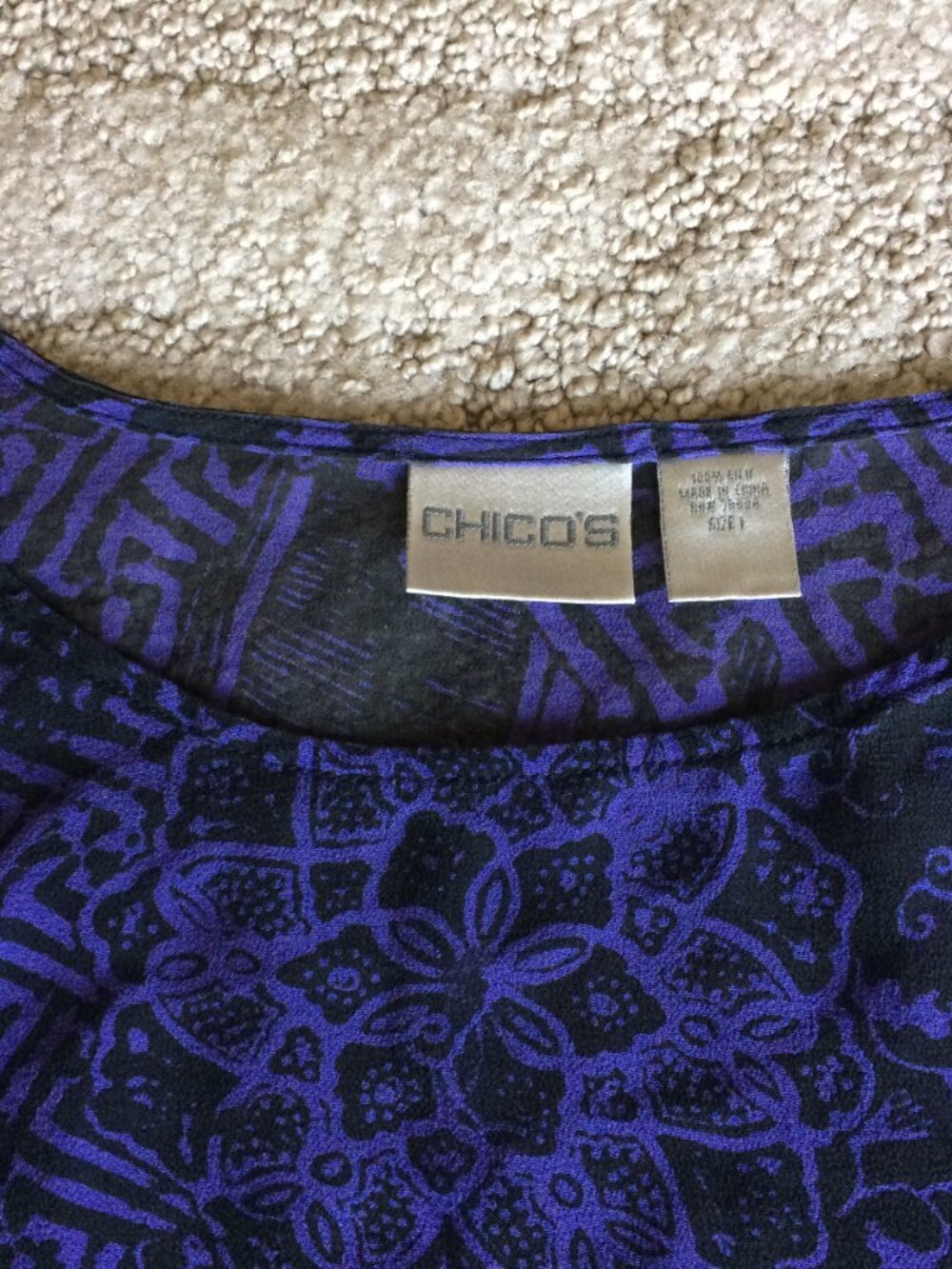 Chico’s Black and Purple Long Sleeve Sheer Silk Asymmetrical Top - Picture 14 of 16